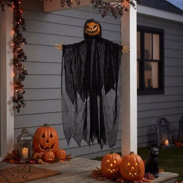 Garden Greatness Spooky Hanging Pumpkin Reaper Halloween Decoration, Orange and Multicolour Textile Pendant – 1