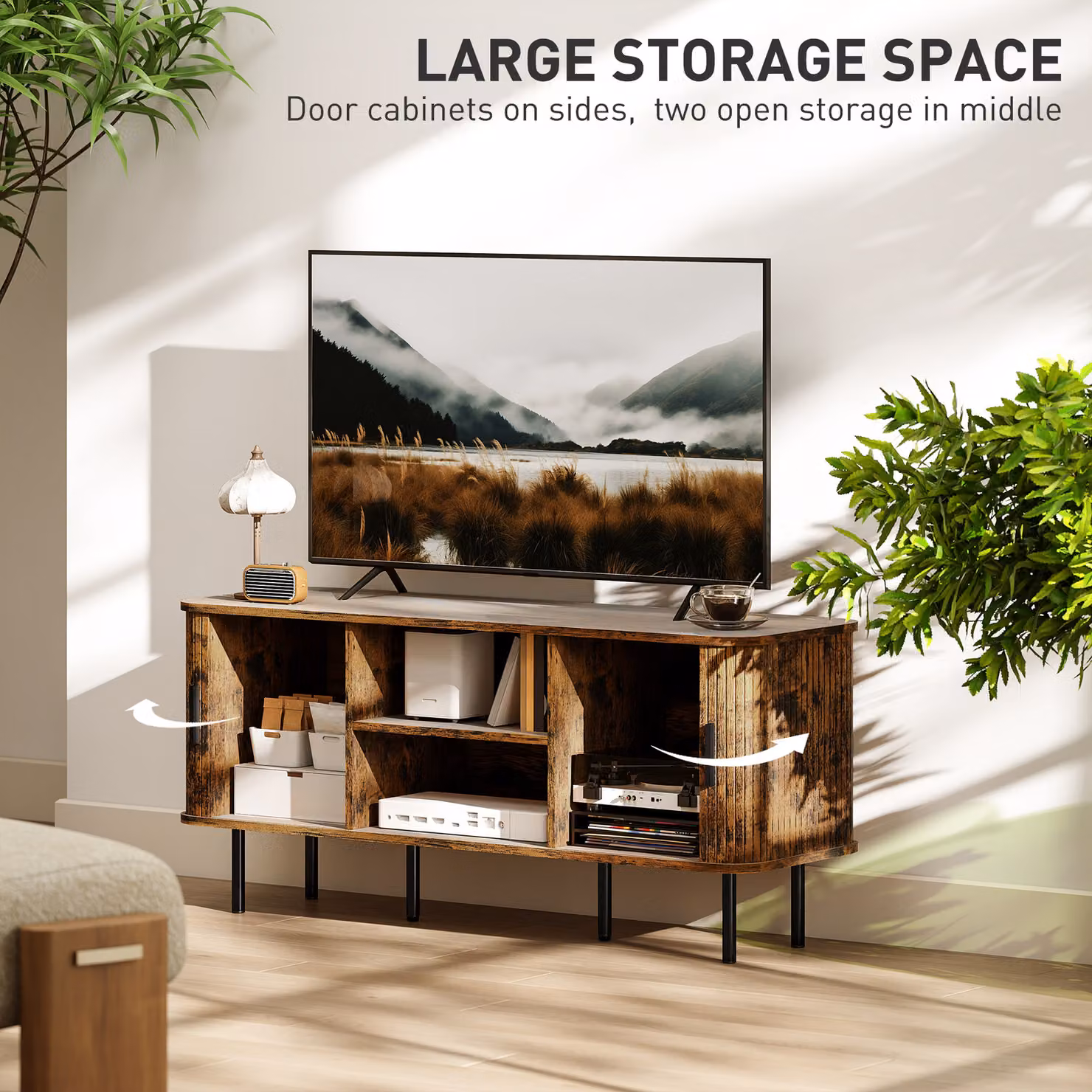 HOMCOM Rustic Brown TV Stand Cabinet for TVs up to 55 Inches with Storage Shelves and Cupboard – 5
