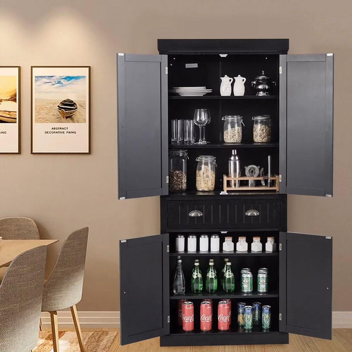 Costway Black Wood Tall Freestanding Storage Cabinet with 2 Hinged Doors and Internal Shelves – 4