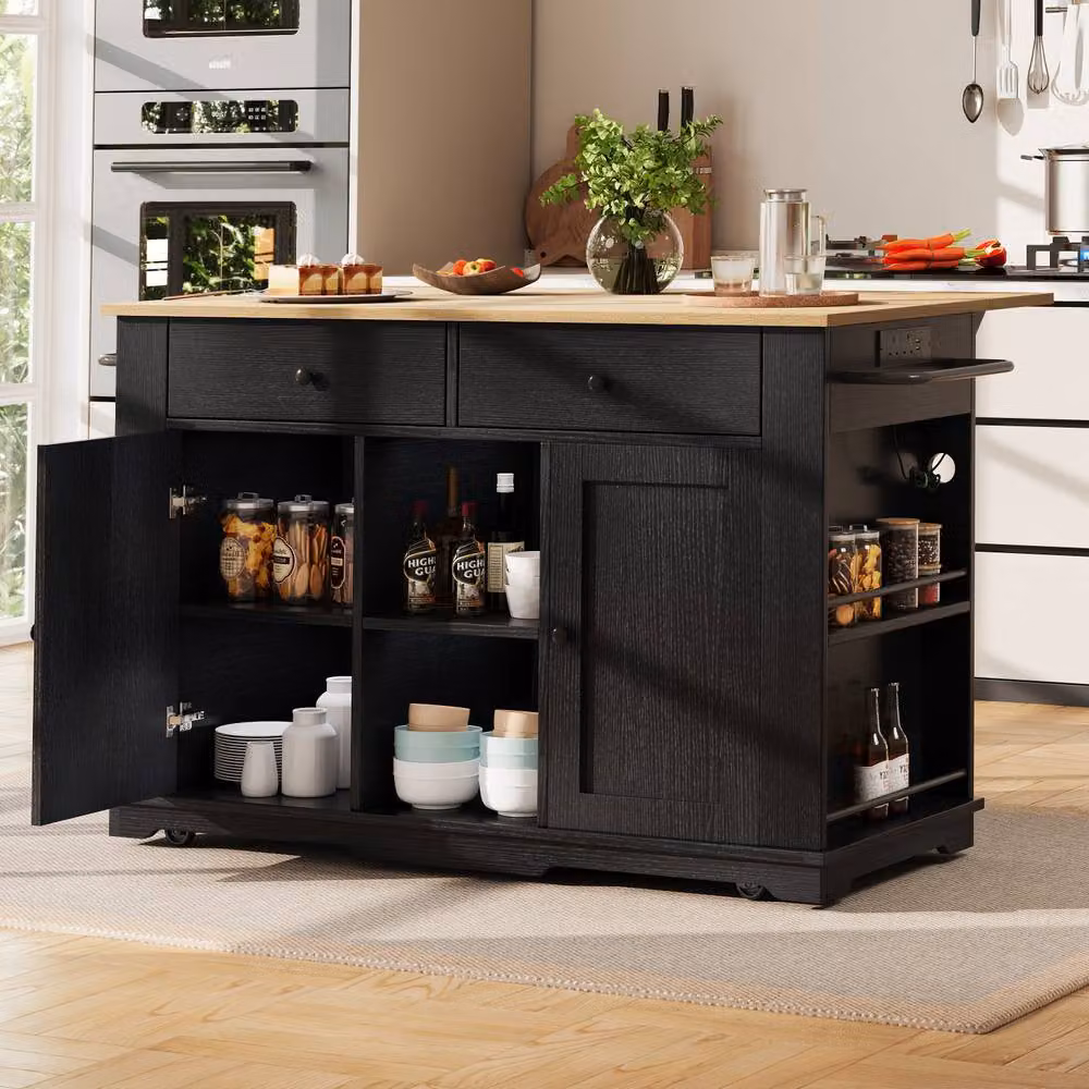BTM Kitchen Island Trolley with Power Strip and Wooden Worktop in Black – 2