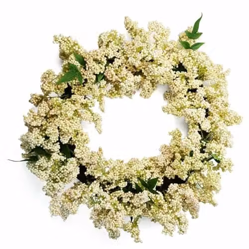 Leaf Artificial Hanging White Berries Wreath in Green, Diameter: 55 cm – 1