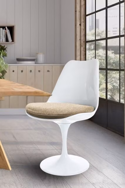 Fusion Living White Tulip Swivel Dining Chair with Beige Velvet Upholstery