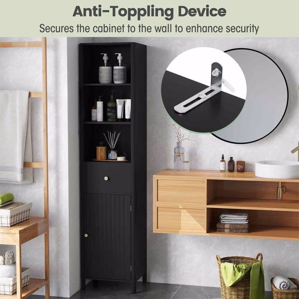 Costway Black Wooden Narrow Bathroom Floor Cabinet with Drawer and Shelves, Height: 170 cm, Width: 30 cm, Depth: 40 cm – 7