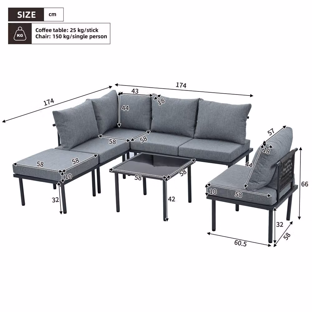 Direct Wicker 6-Person L-Shape Grey Garden Lounge Set with Powder Coated Steel Frame, Upholstered Armchairs and Coffee Table – 2