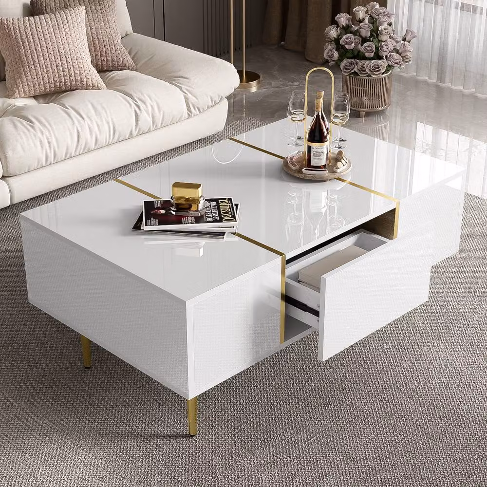 BTM Modern White and Gold High Gloss Rectangular Coffee Table with 2 Drawers W/D/H: 100 x 60 x 41.5 cm – 2