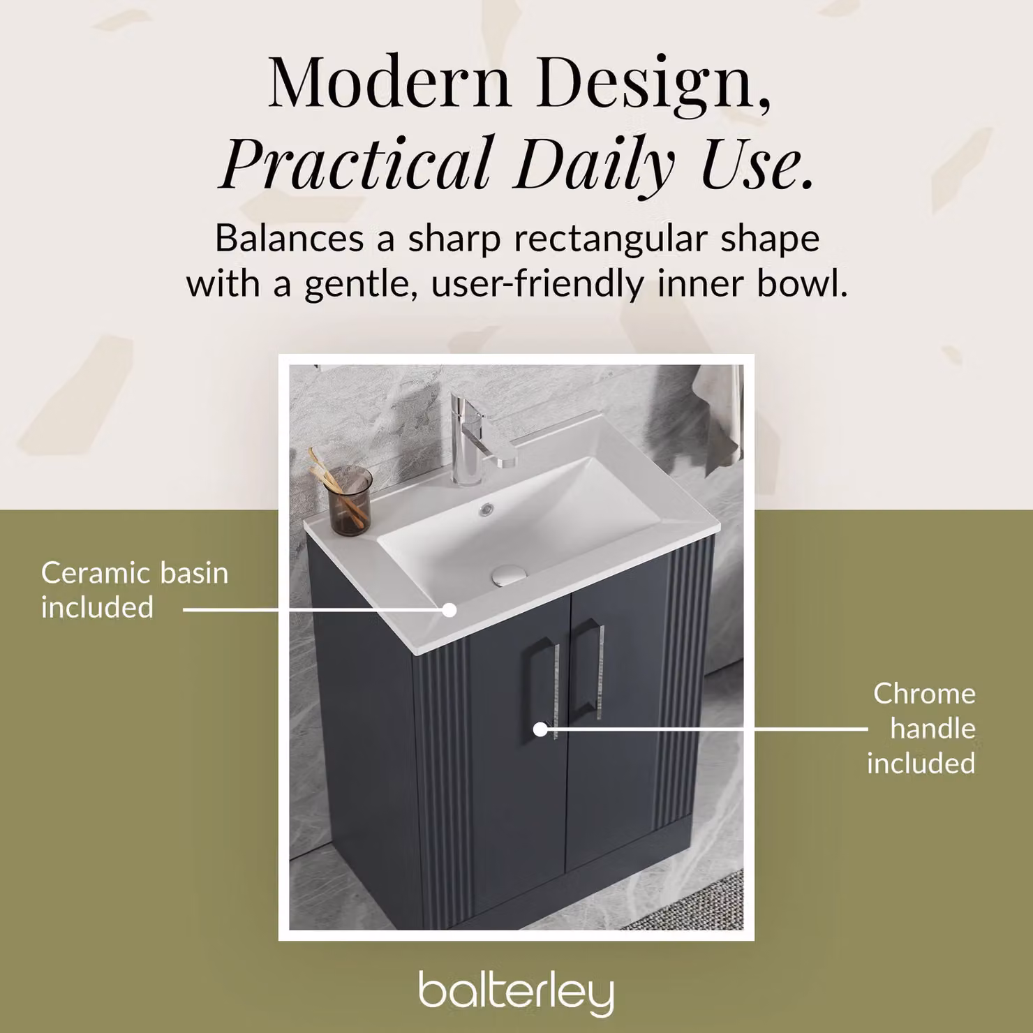 Balterley Grey Floor Standing Bathroom Vanity Unit with Rectangular Basin and Soft Close 2 Doors – 5