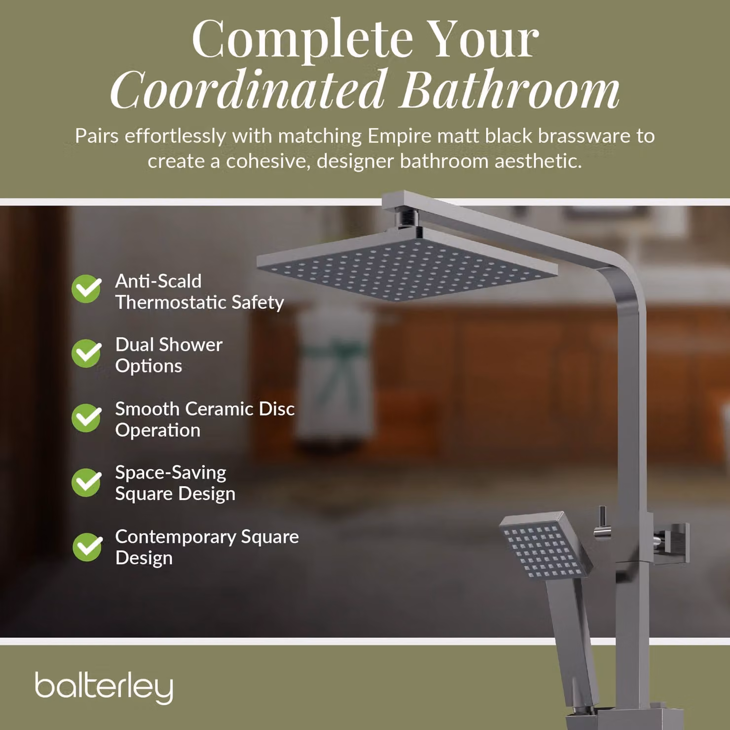 Balterley Empire Square Exposed Shower Kit with Overhead Shower, Handset and Thermostat in Brushed Pewter and Silver – 3