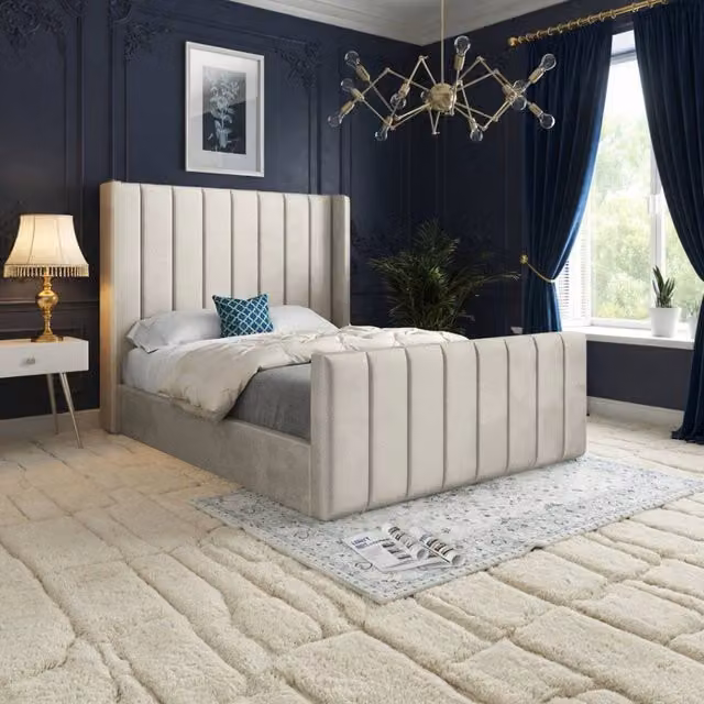 KDMD Strumpshaw Winged Upholstered Designer Bed Frame in Beige Soft Velvet, Small Single – 1