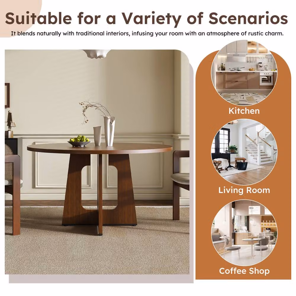 FENCHILIN Farmhouse Dining Set with Round Table and 4 Velvet Chairs in Brown Walnut – 2