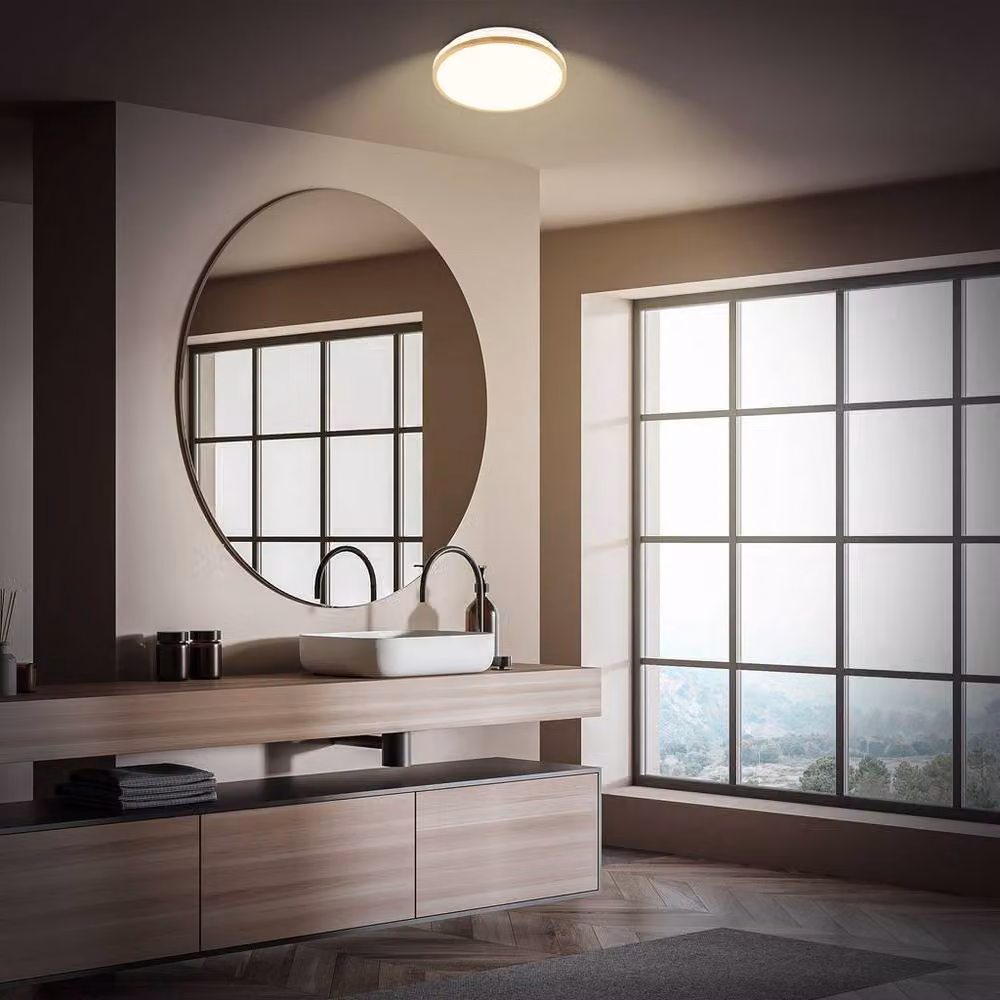 Briloner LED Bathroom Ceiling Light with Wood Frame, Warm White, 12W, 1200lm, IP44, W/D/H: 28 x 28 x 7 cm, White-Wood – 7