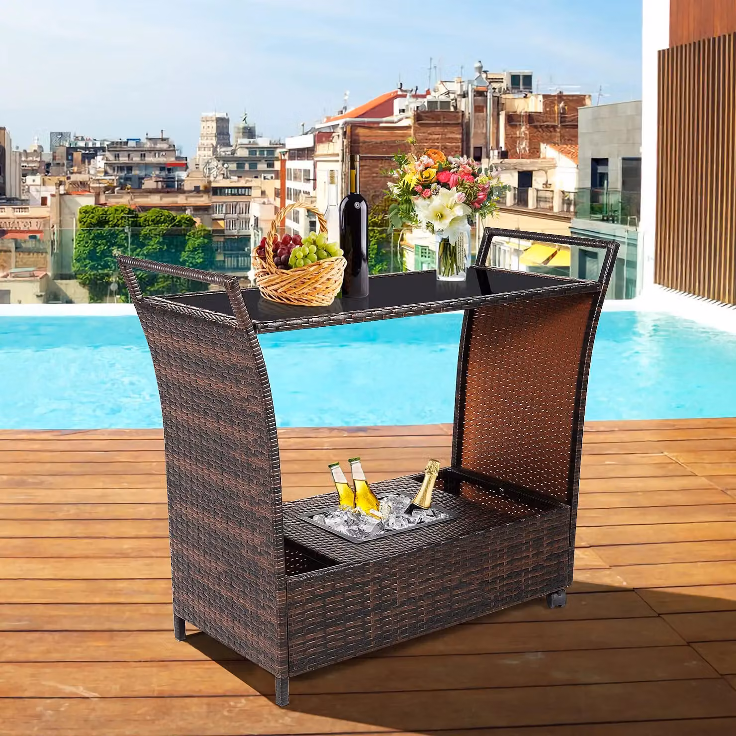 FURNITURE ONE Rattan Serving Trolley Bar Cart with Removable Ice Bucket in Brown – 2