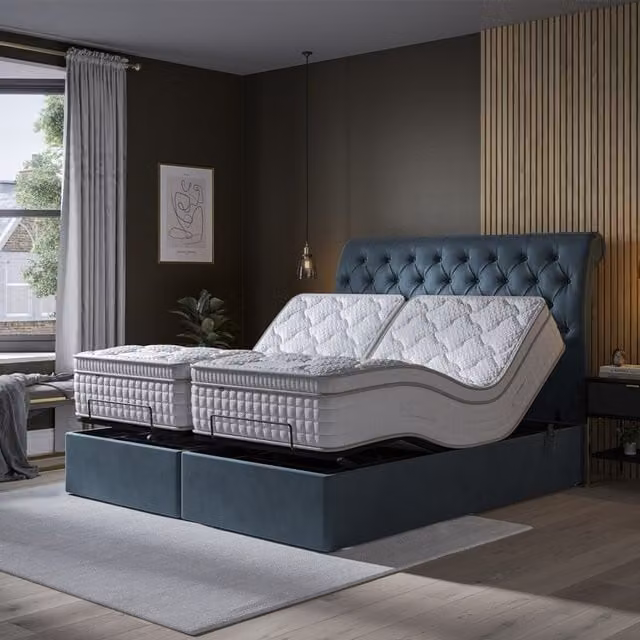 Blue Velvet Chesterfield Electric Adjustable Button Bed with Matching Headboard and Mattress, King Size (W/D/H: 180 x 200 cm)
