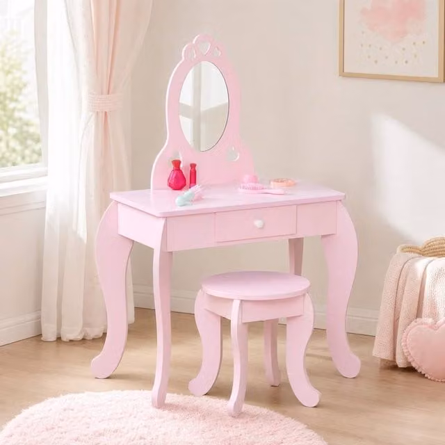 STILVORA Women's Dressing Table and Stool Set with Mirror, Pink, W/D/H: 88.0 x 60.0 x 42.1 cm