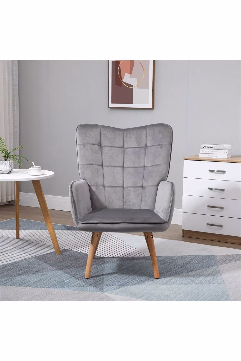 ERGOVEXA Modern Grey Velvet Accent Chair with Armrests and Wood Legs, W/D/H: 71.0 x 76.0 x 101.0 cm – 3