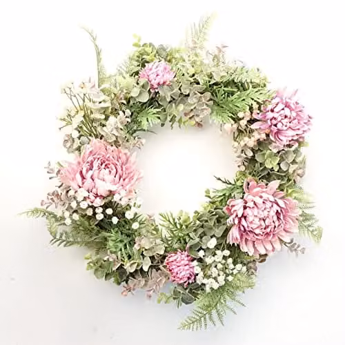 Leaf Pink Floral Blossom Artificial Wreath in Green, Diameter: 45 cm