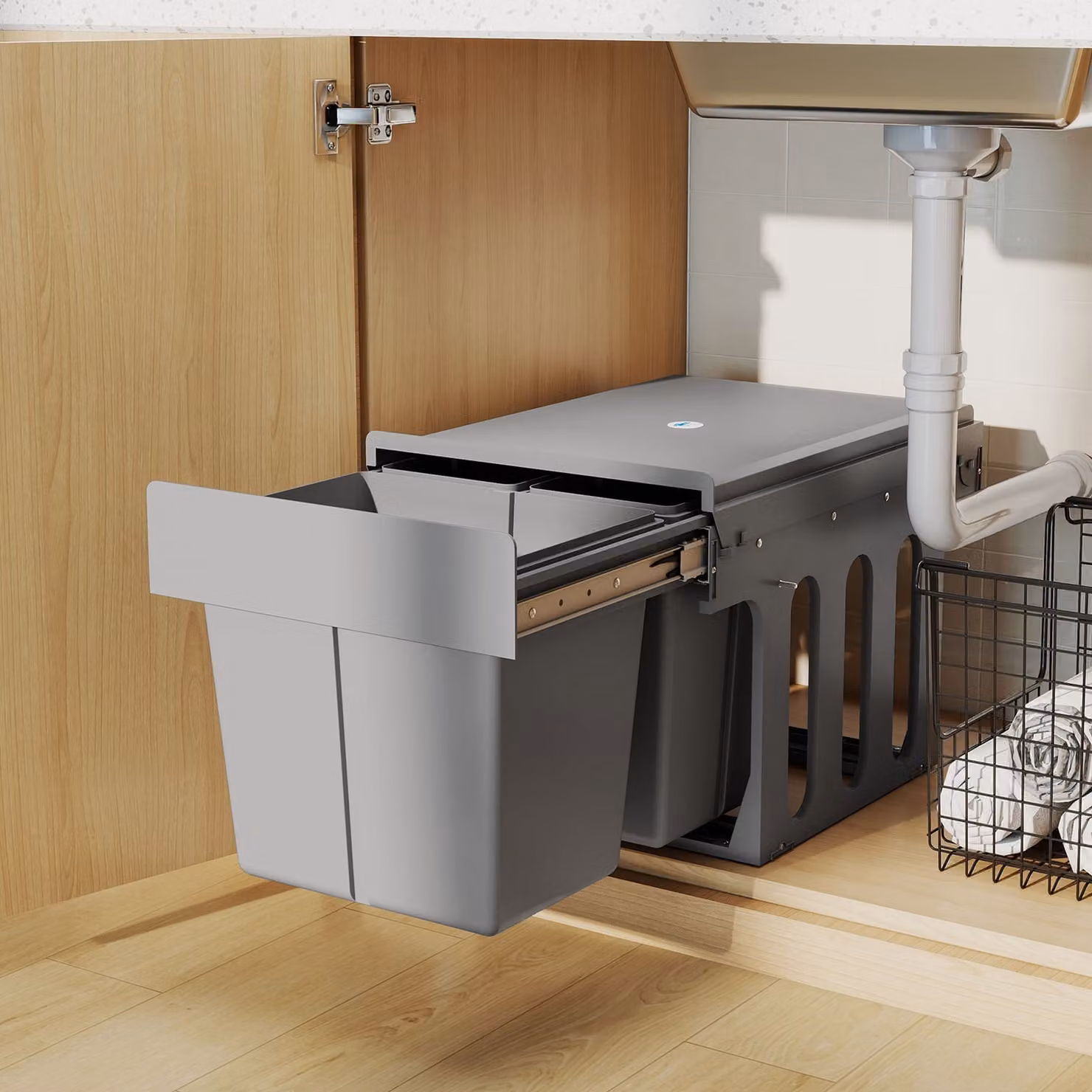 HOMCOM Pull Out Under Sink Bin with 3 Removable Compartments and Soft Close Mechanism, Grey – 4