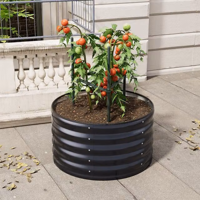 Livingandhome Round Galvanised Steel Raised Garden Flower Bed in Anthracite