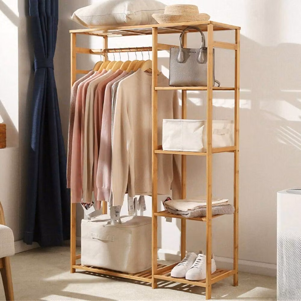 ERGOVEXA Double Wide XXL Heavy Duty Clothes Rail and Coat Rack in Natural Bamboo and Wood – 3