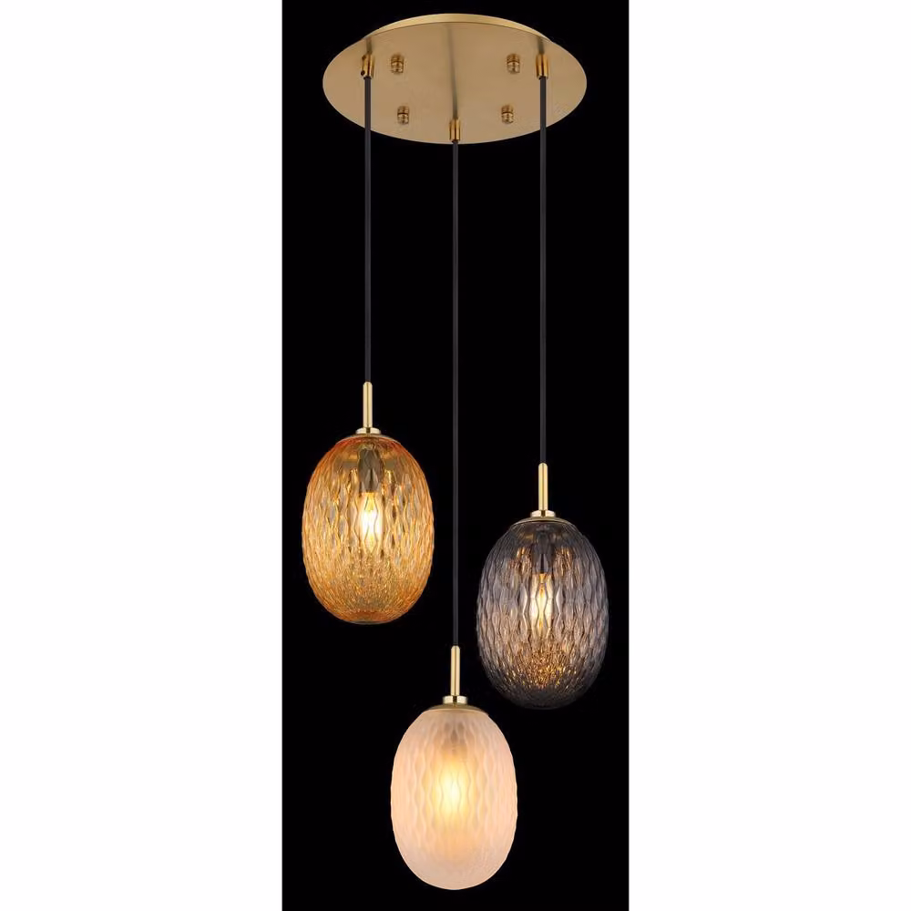 Netlighting Devin Cluster Pendant Light in Gold/Brass with Matt Glass Shades, 3x E14, Height Adjustable – 2