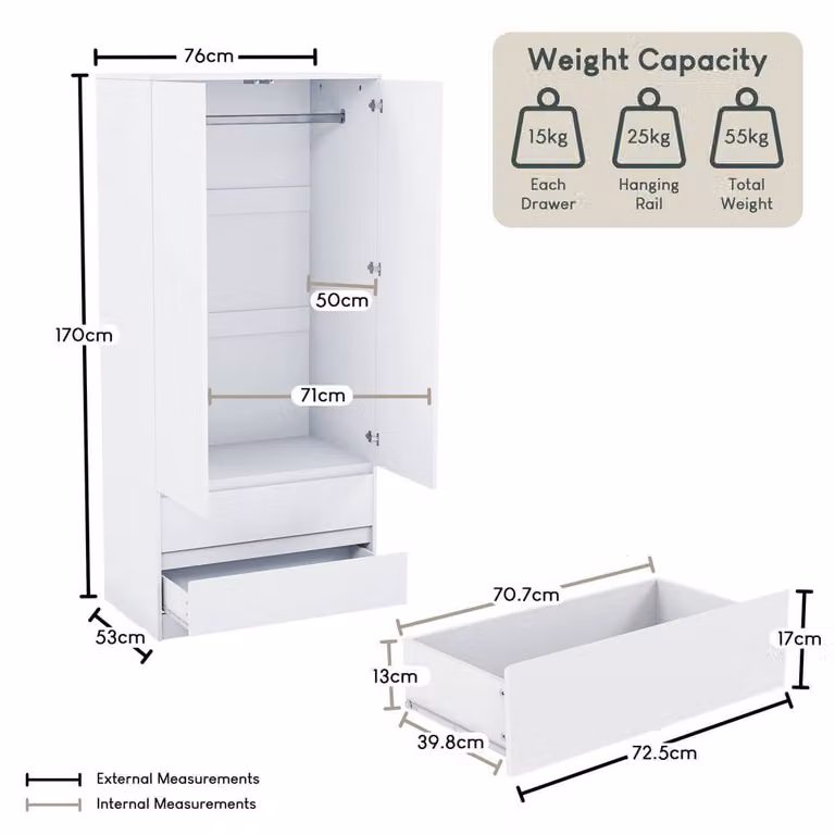 HD Designs Denver Modern White Bedroom Set with Wardrobe, Chest of Drawers and 2 Nightstands