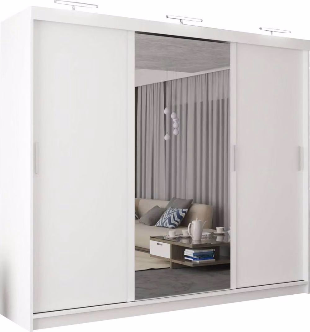 MN Furniture Modern 3 Door Sliding Wardrobe with LED Lighting, Mirror and Internal Drawers, White, Width: 250 cm – 2