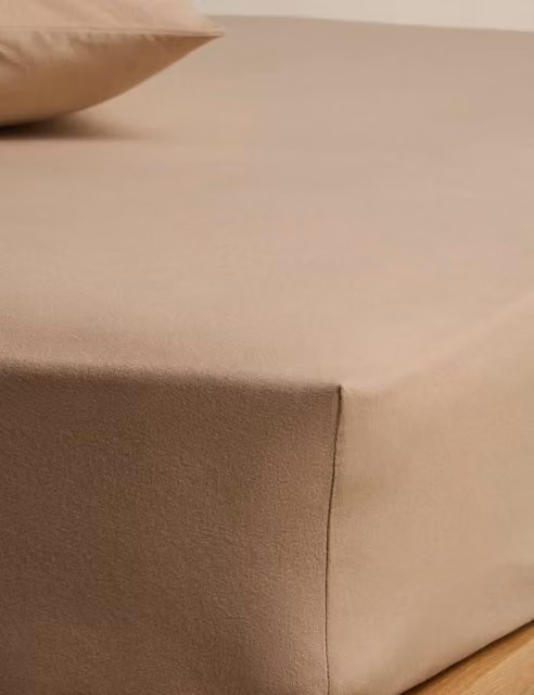 M&S Pure Brushed Cotton Flannelette Deep Fitted Sheet, Beige, 90 x 190 cm