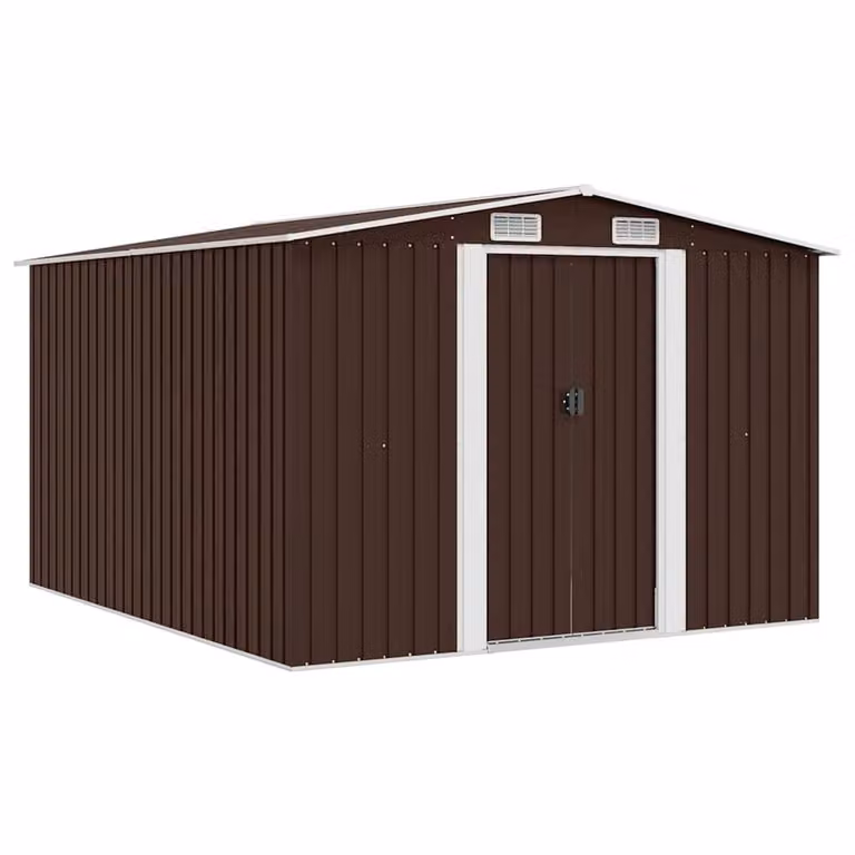 Berkfield Home Metal Garden Shed in Brown with Sliding Doors and Side Vent, W/D/H: 257 x 298 x 178 cm