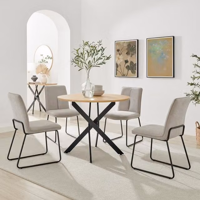 FurnitureboxUK Novara Round Dining Table with 4 Halle Chairs, Oak Veneer Top and Black Legs, Taupe