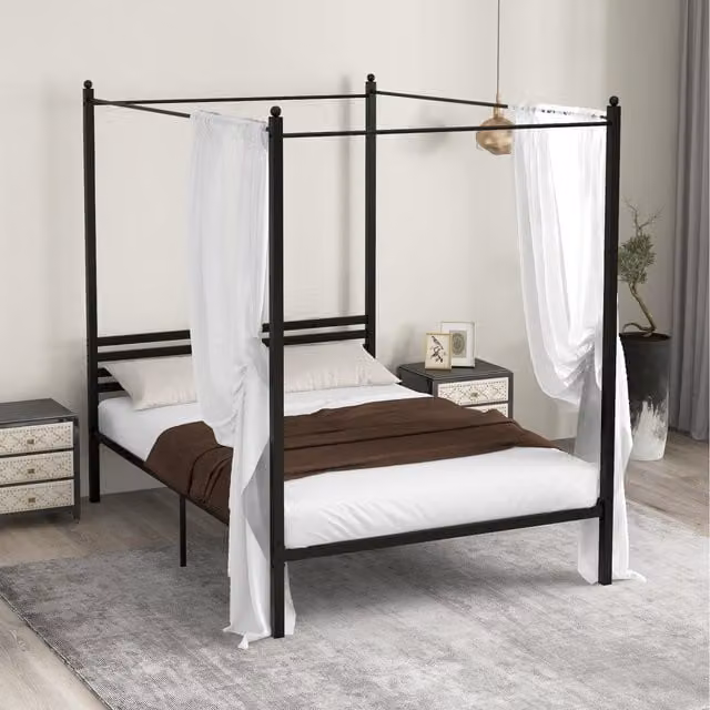 Costway Modern Black Metal 4-Poster Canopy Platform Bed