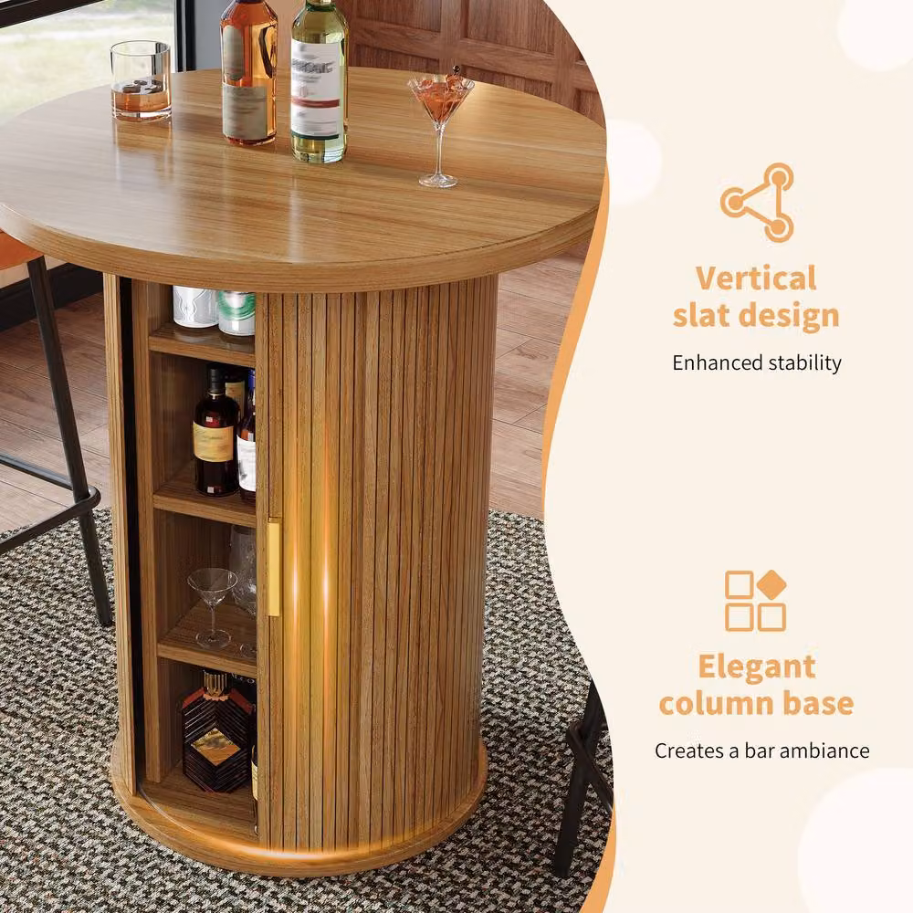 Merax Modern Round Bar Table with Built In Storage Cabinet in Natural Brown – 6
