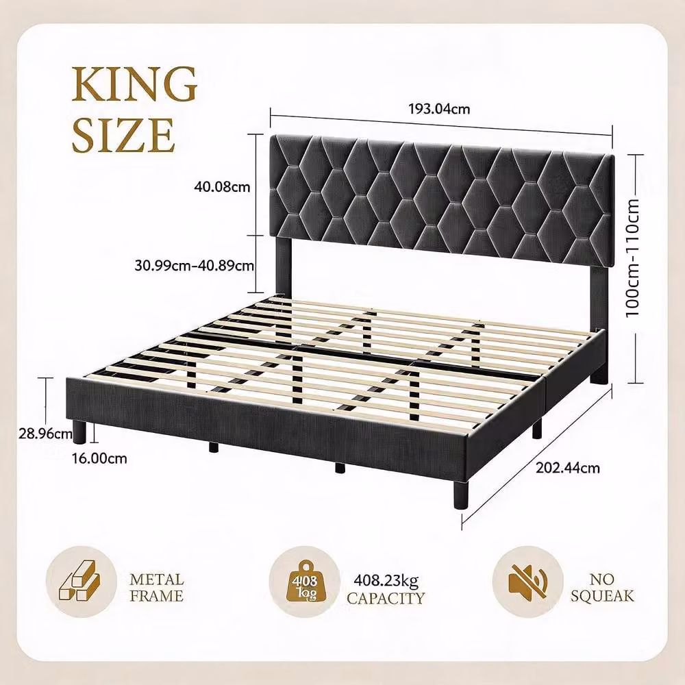 London Boutique Modern King Size Upholstered Platform Bed Frame with Geometric Headboard in Grey, W/D/H: 180 x 200 x 193.04 cm – 2