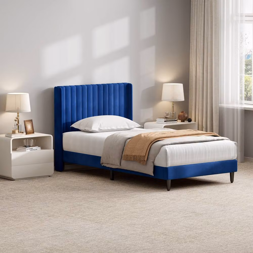 MCC Direct Charlie Velvet Upholstered Single Bed Frame with Channel Headboard in Blue, 90 x 200 cm – 4