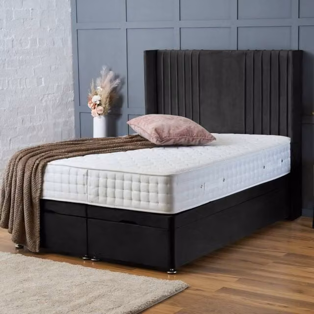 BSSPOKE Charlotte Small Double Ottoman Divan Bed with 54 inch Headboard and Mattress in Black Plush Velvet