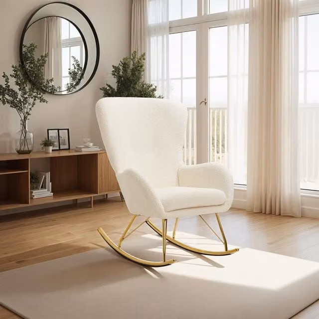 tectake Modern Rocking Chair Swing Armchair with Velvet Bouclé Fabric and Gold Metal Frame