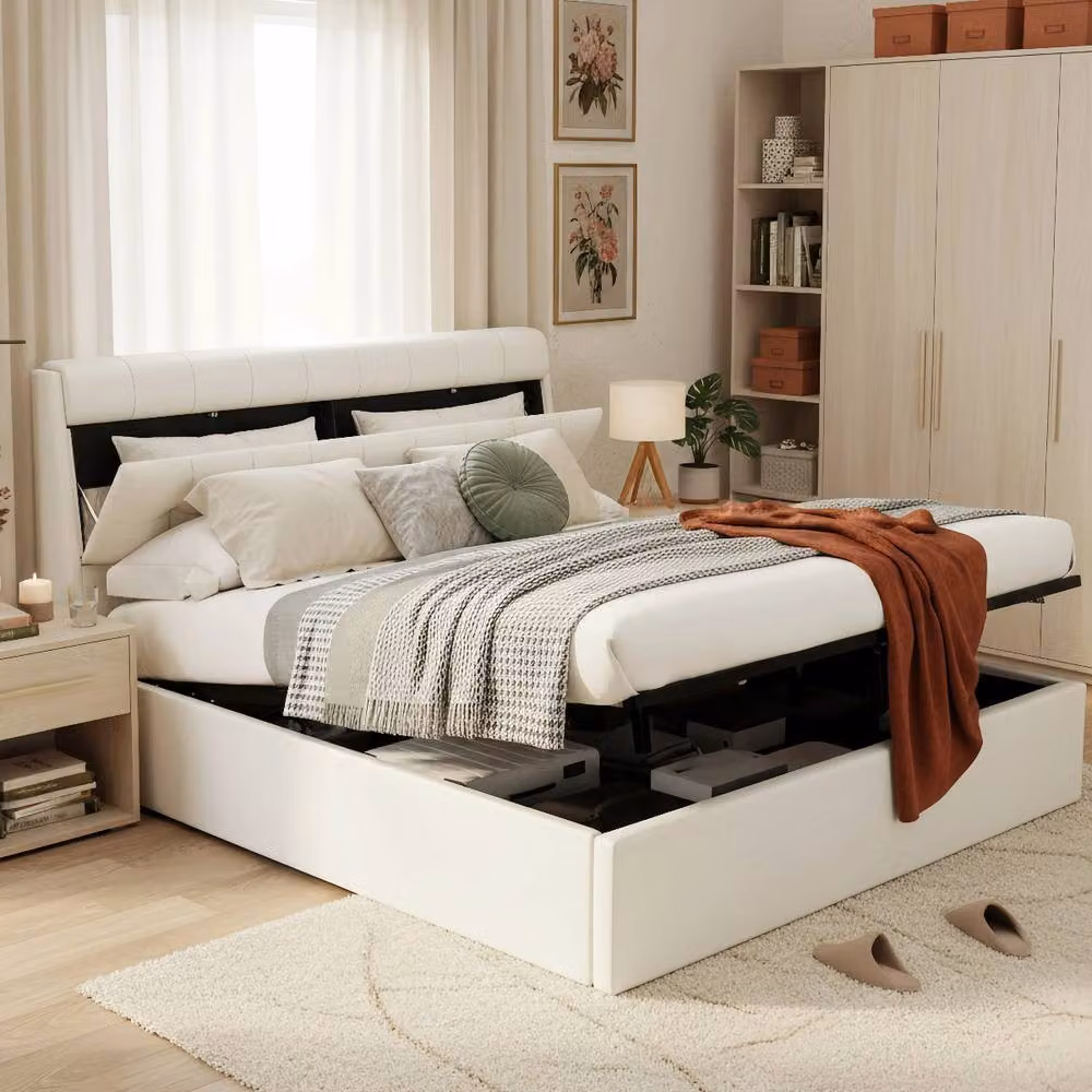 Rolipo Upholstered Double Bed with Lift Up Base in Beige and White, W/D/H: 150 x 200 cm – 3