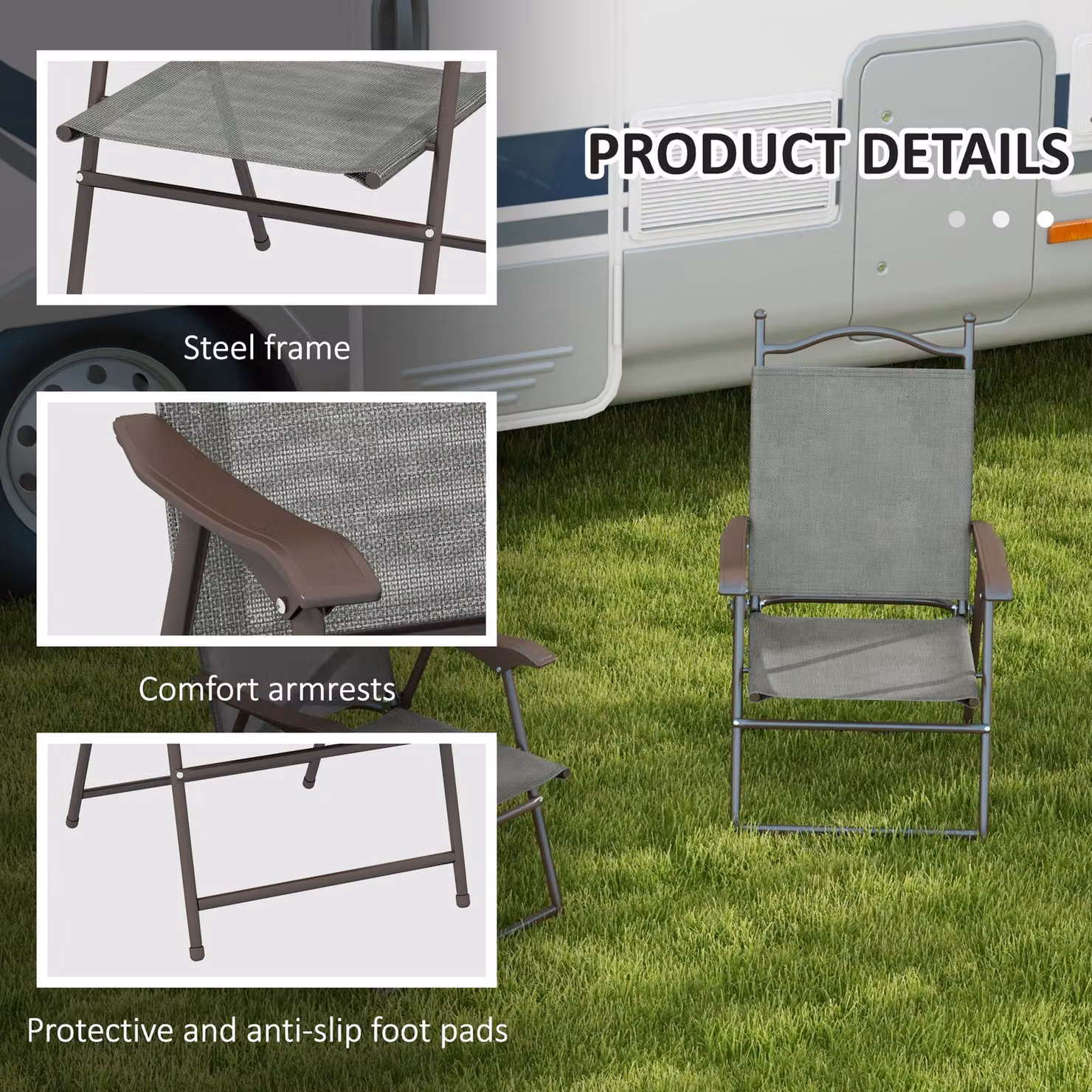 Outsunny Set of 2 Grey Folding Patio Camping Chairs for Adults with Armrests and Textilene Mesh Seats – 5
