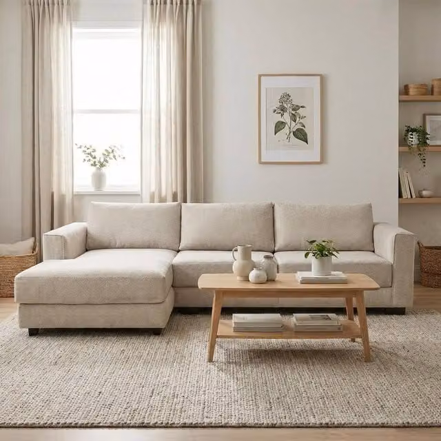 Abakus Direct Kaizer L-Shaped Corner Sofa in Beige Boucle Fabric, Left Facing, W/D/H: 286 x 170 x 85 cm