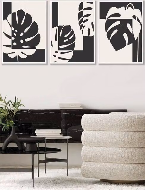 ARTZE Set of 3 Mid Century Monstera Botanical Wall Art in Black and Ivory with White Frames, W: 45 cm, H: 62 cm, D: 2 cm