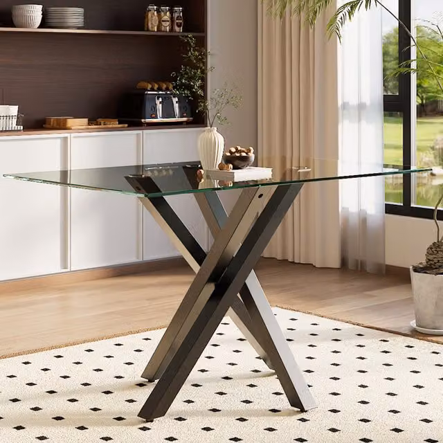 Livingandhome Modern Round Glass Coffee Table with Metal X-Frame in Black, Transparent and Gold