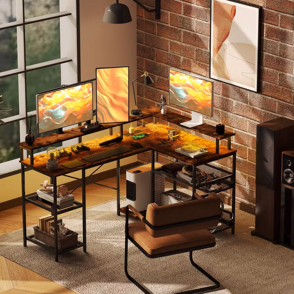 Rolipo L-Shaped LED Gaming Computer Desk with Shelves in Brown – 4