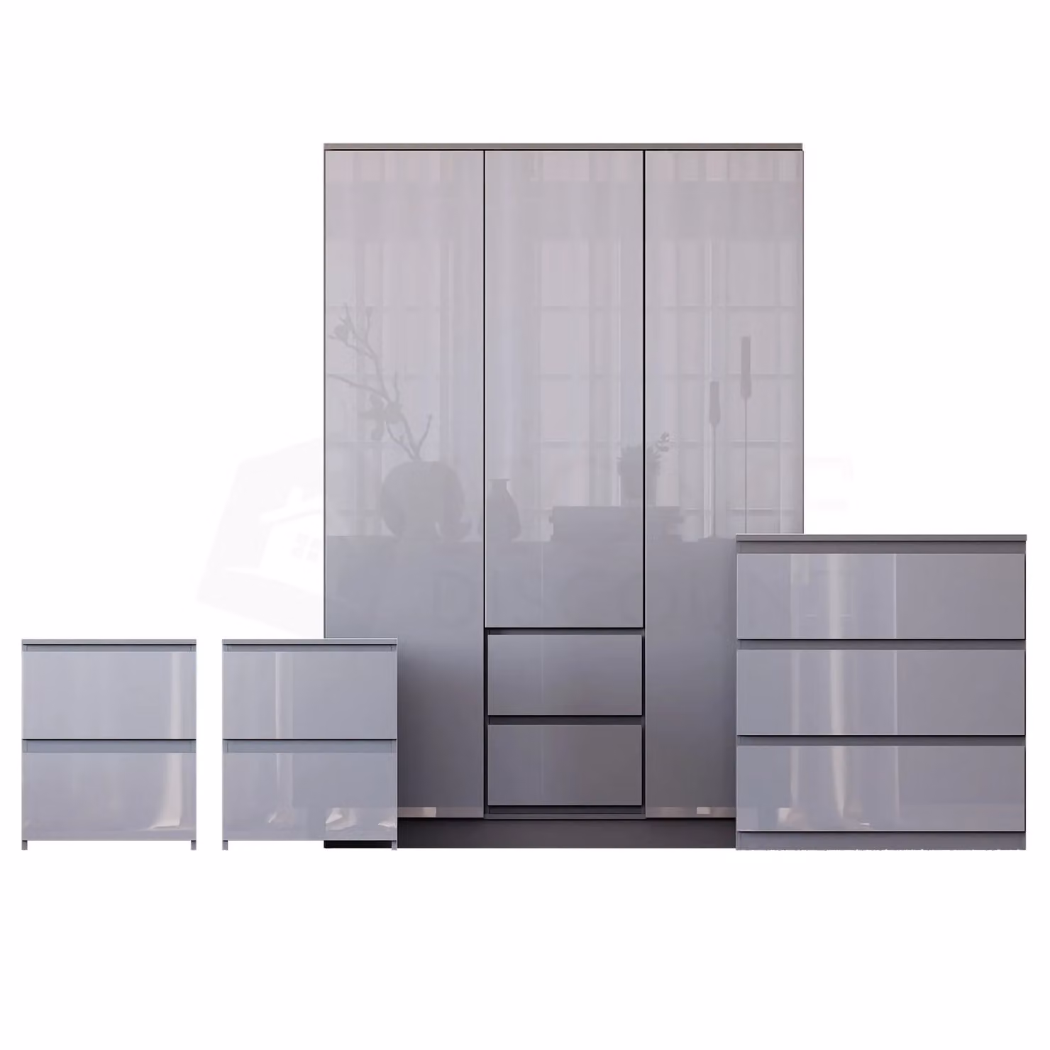 Vida Designs Glinton 4 Piece Grey Glossy Bedroom Set Including 2 Bedside Tables, 3 Drawer Chest and Wardrobe – 2