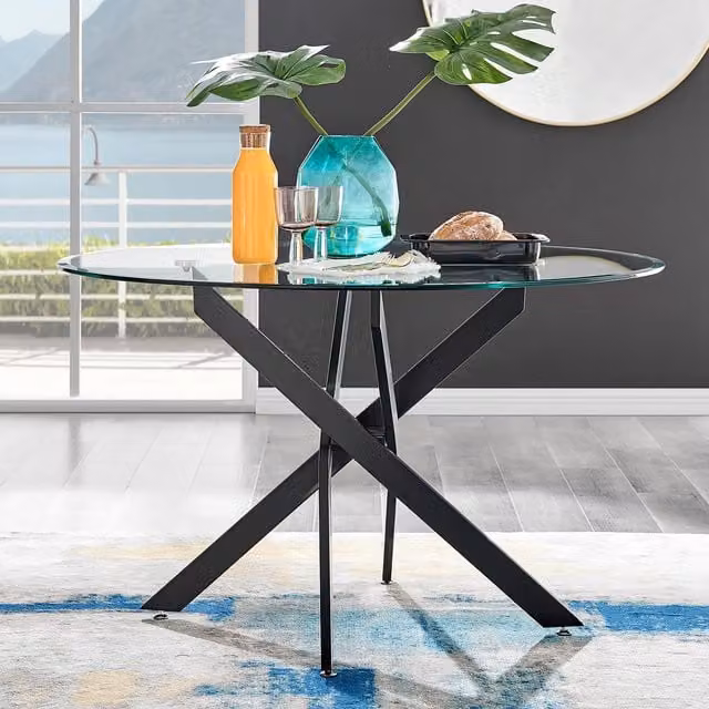 FurnitureboxUK Novara Round 6-Seater Glass and Metal Dining Table in Black, Diameter: 120 cm
