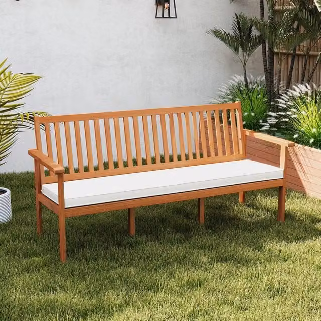 Costway 3-Seat Outdoor Acacia Wood Garden Bench with Removable Weather-Resistant Cushions in Brown – 1