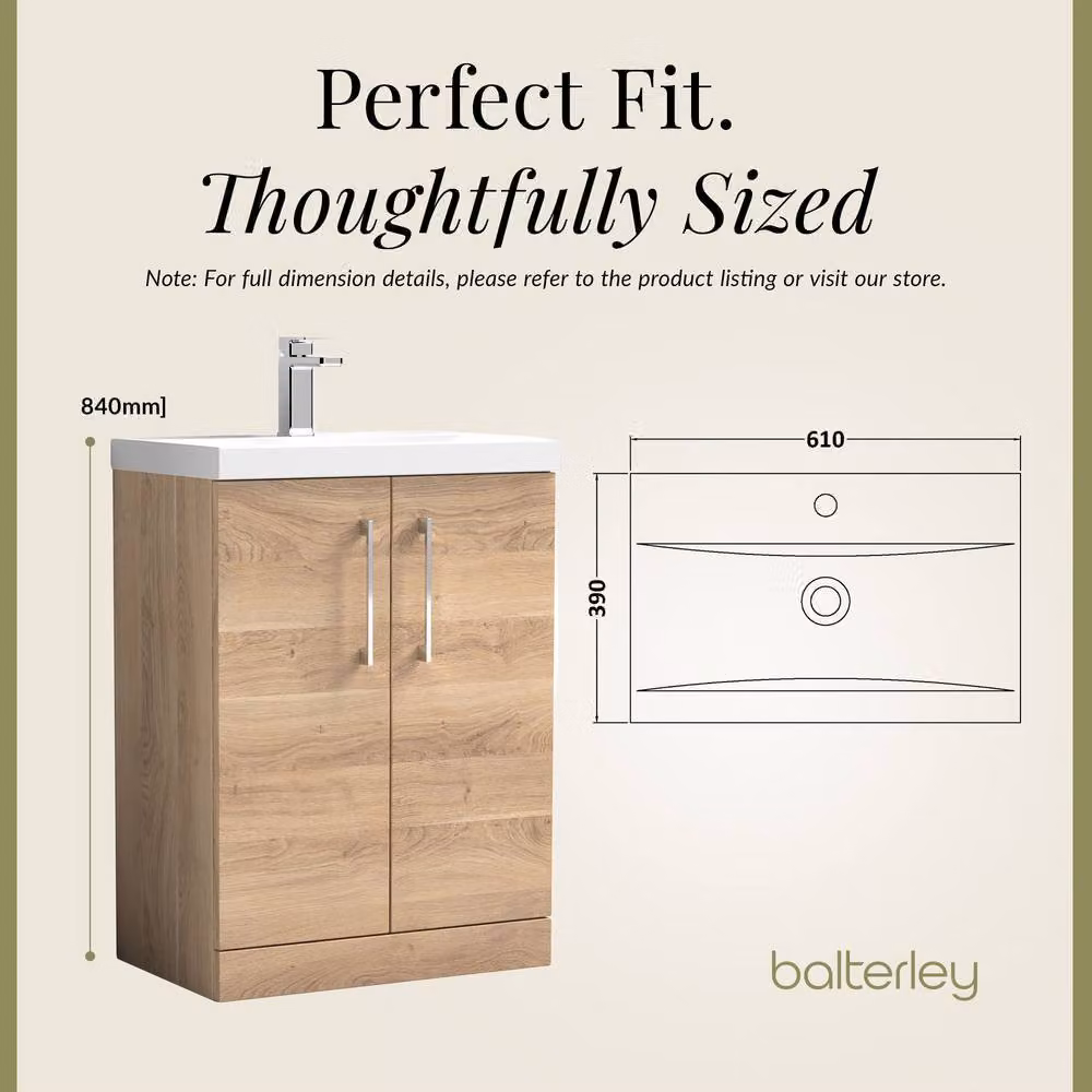 Balterley Contemporary Floor Standing Bathroom Vanity Unit with Mid-Edge Ceramic Basin, Bleached Oak, W: 61 cm, D: 39 cm, H: 84 cm – 2
