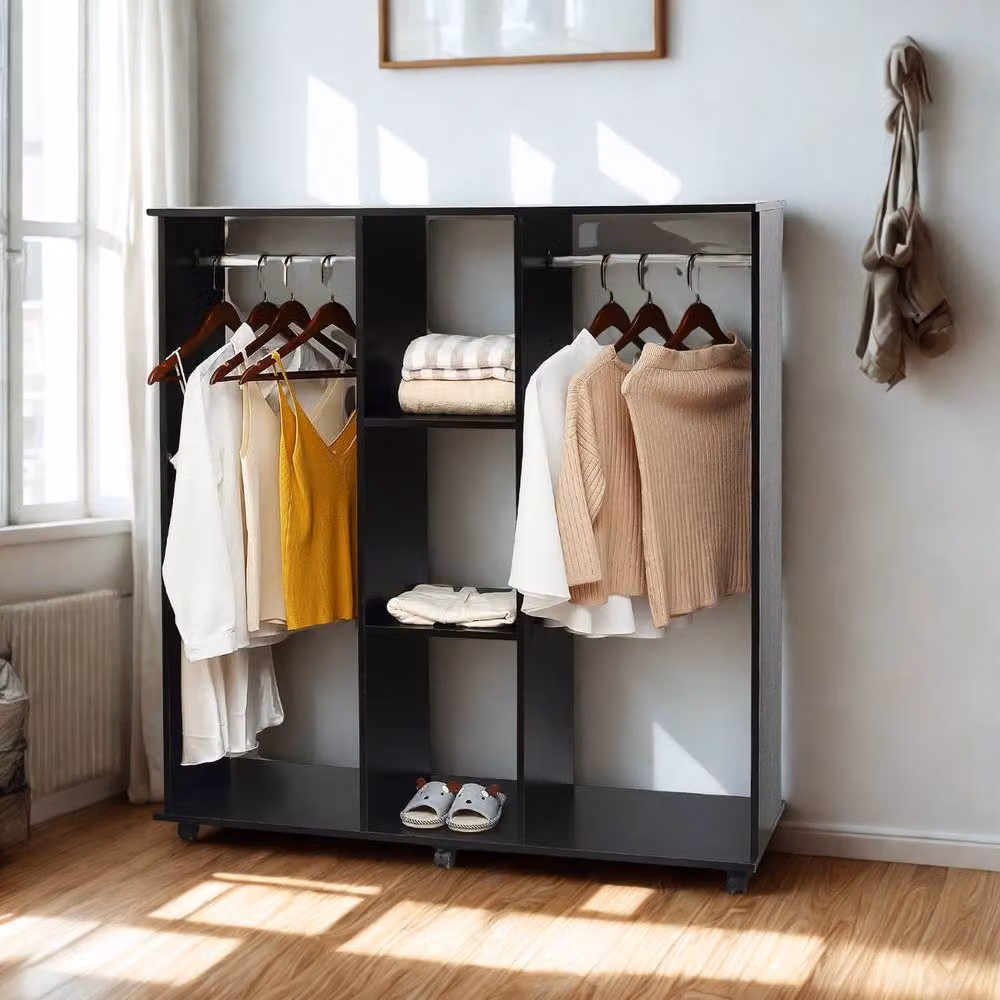 FURNOS Open Wardrobe Clothes Rail with Storage Shelves on Wheels, Black – 2