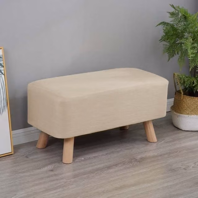 Livingandhome Rectangular Upholstered Footstool in Beige Fabric with Wood Frame