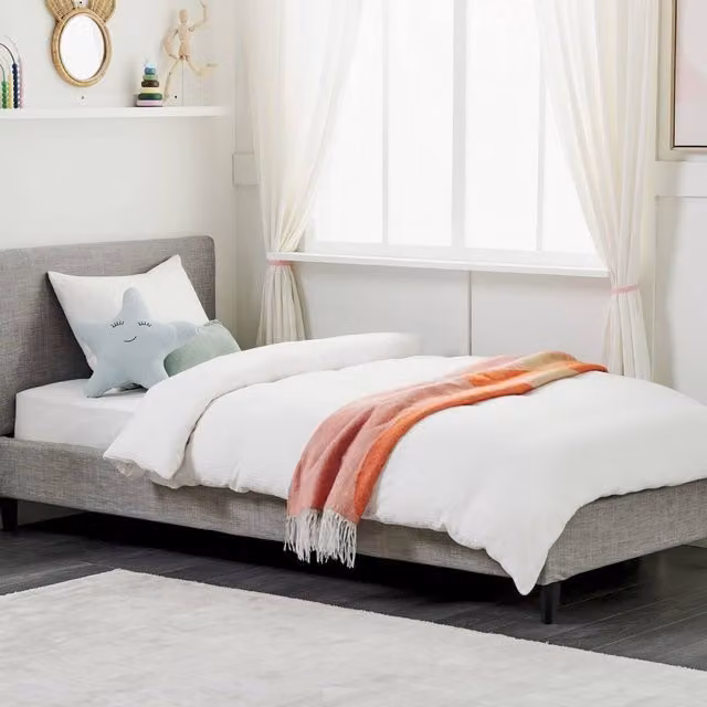 Wyld and Coco EU Single Panel Upholstered Bed in Light Grey Fabric, W/D/H: 90 x 190 cm – 1