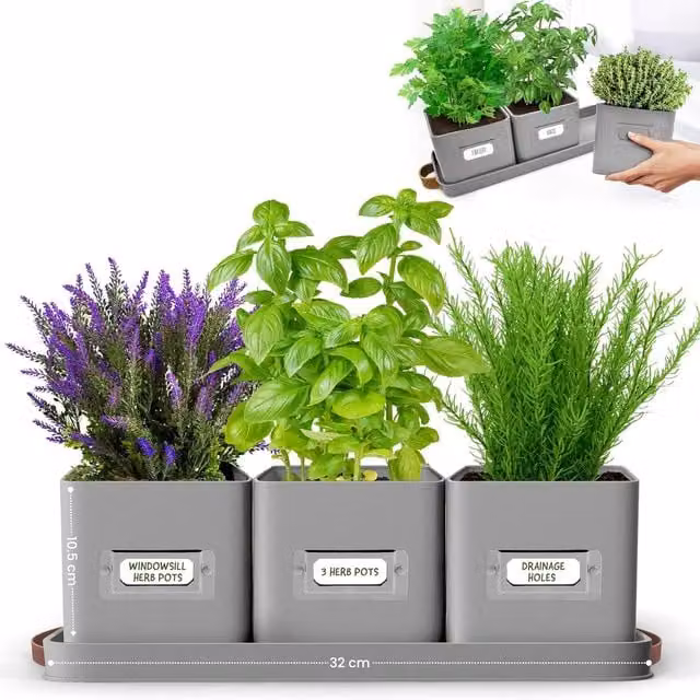 Green Thumbz Set of 3 Steel Window Herb Pot Planters for Indoor and Outdoor Use, Grey