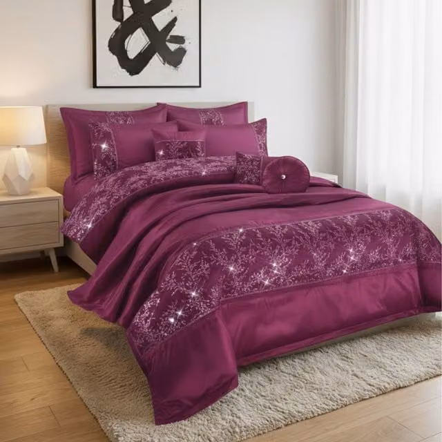 Snug City Purple Floral Embroidered Luxury Duvet Cover Set, W: 200 cm x H: 200 cm – 1