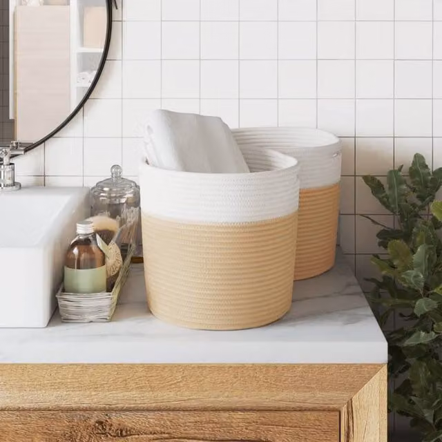 Berkfield Cotton Home Storage Baskets, 2 Pack, Beige and White, W/D/H: 28 x 28 x 28 cm – 1